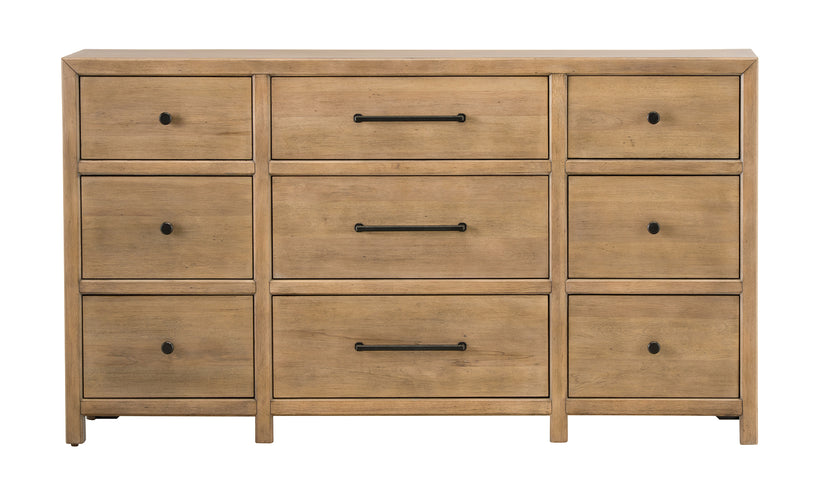 Wooden dresser with multiple drawers on a white background